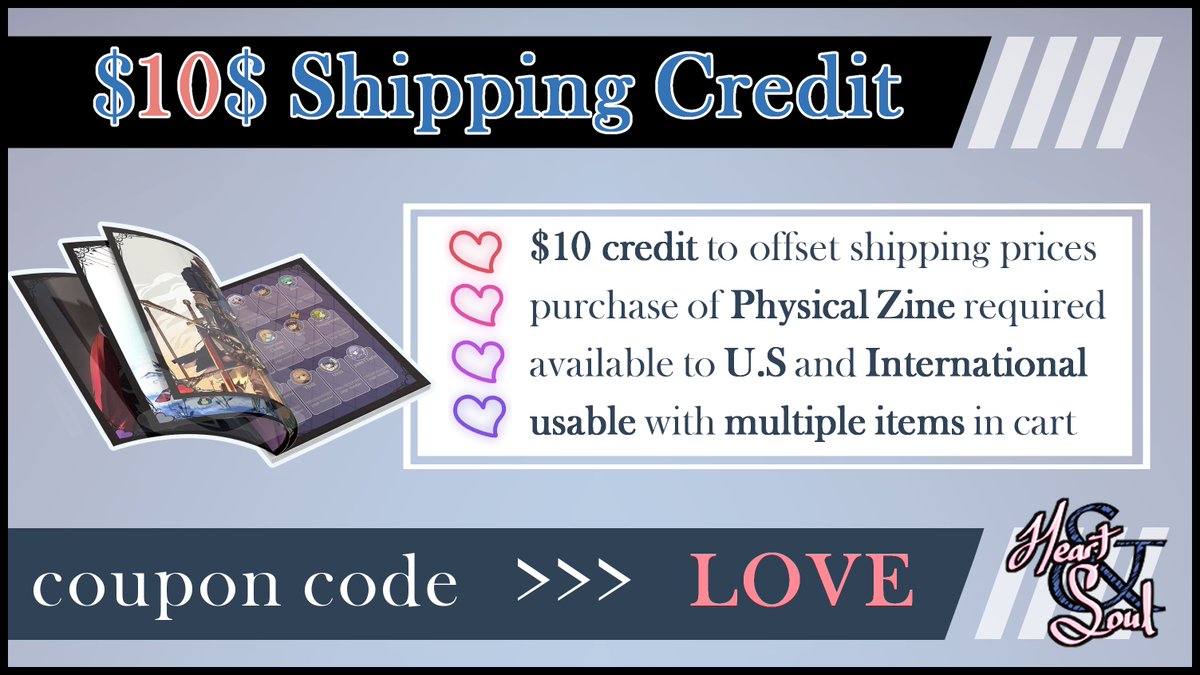 HeartandSoulFE's tweet photo. 🚨🚨Black Friday Sale! 11/20 - 11/28🚨🚨

Enjoy a $10 shipping credit for U.S. and International!

U.S. - shipping is free up to 6lbs!
International -  $10 off to help with shipping!

Physical Zine required!

https://t.co/H4aCTMKxXa

See below if you already ordered w/o zine⬇️ https://t.co/C5BMBdmClr