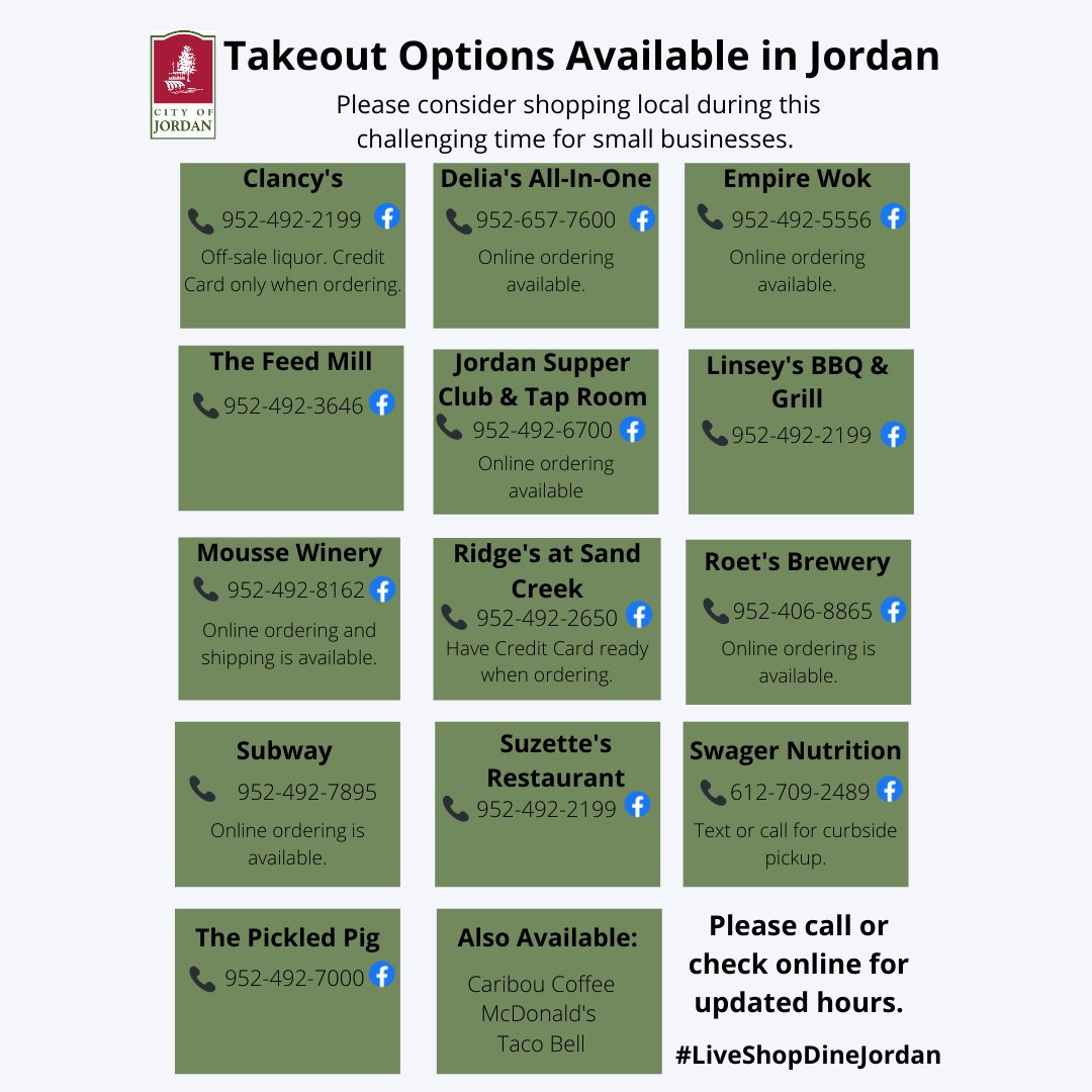 Takeout Options Available in Jordan. Please support local businesses during these challenging times.  #LiveShopDineJordan