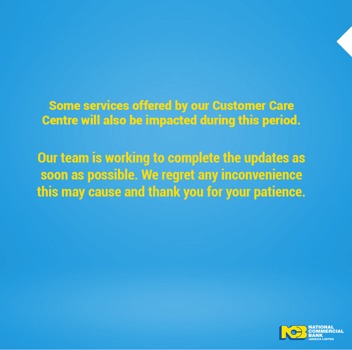 ncbja's tweet photo. Please be advised that we will be carrying out a security update between 10 pm on Sat. Nov. 21 and 10 am on Sun. Nov. 22. The following transactions will be impacted: Mobile App, ABM, Personal & Business Online Banking, POS, and some Customer Care Centre services.
#ncbupdate https://t.co/L040H66Aw9