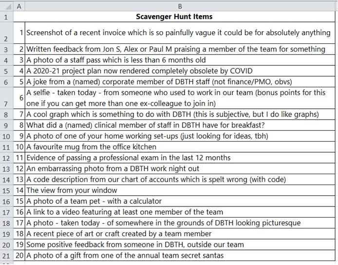 DbthFinance's tweet photo. Thanks @RachelRachelsr for our very own DBTH Finance scavenger hunt! It cheered us up and kept us very busy over lunch. Well done to the winners, and a big thanks to anyone who played along with our random requests. ππ
#scavengerhunt #dbthfinance #teambuilding https://t.co/uekIl3dw6K
