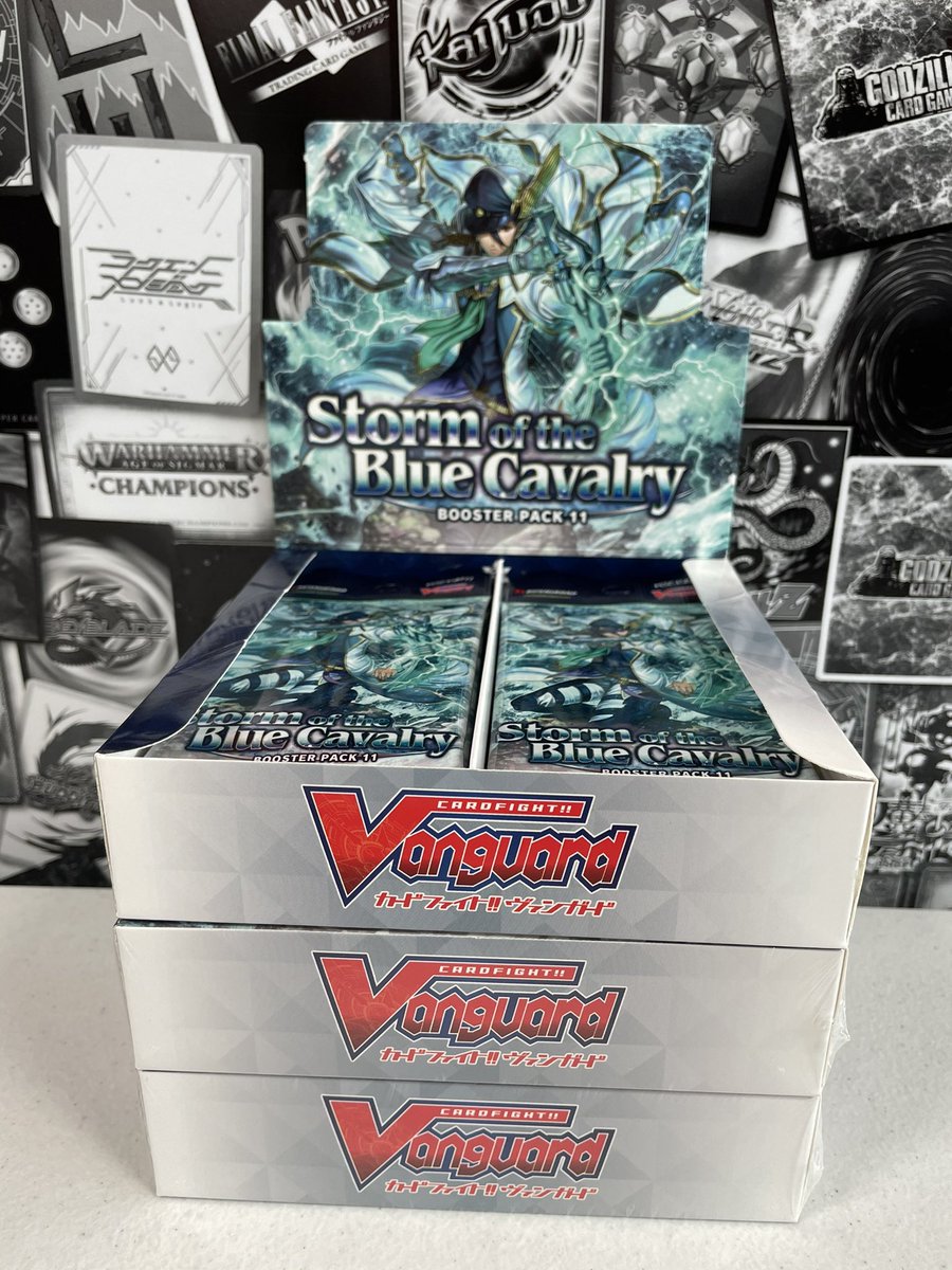 RogueGames1's tweet photo. Storm of the Blue Cavalry releases today! We have packs, singles, and boxes all available! #cardfight #vanguard #cfv #greatnature #aquaforce #novagrappler #flgs #bushiroad https://t.co/ldiUxUR53D