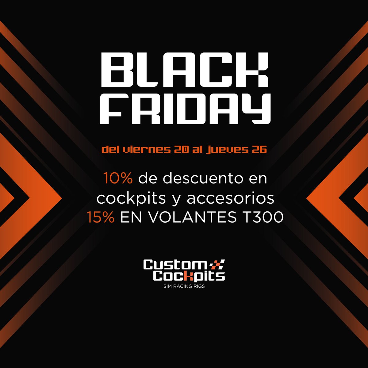 customcockpits's tweet photo. 📣Ha llegado el #BLACKFRIDAY a https://t.co/DlDgMfm2kn📣
¡Nos adelantamos!
Aprovecha nuestras ofertas desde el 20 al 26 de Noviembre. 
✔️10% descuento en #Cockpits &amp; accesorios
✔️15% descuento en Volantes #thrustmaster edition https://t.co/GZEij1HSDS
