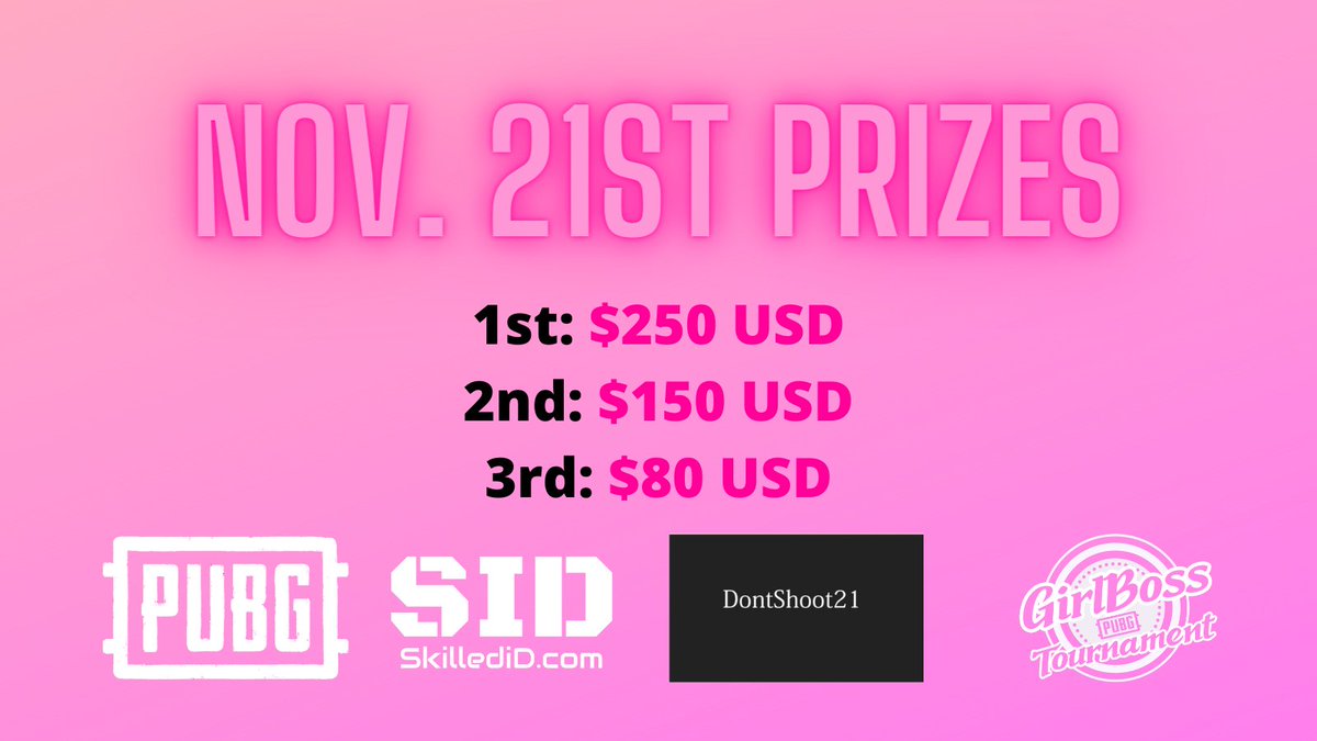 GirlBossPUBG's tweet photo. The Prize Pool for tomorrow's Squad Tournament has been posted!

Thank you to our sponsors @PUBG_US @Dontshoot211 and @SkilledID - We appreciate all that you do for these amazing ladies!

We have 1 spot still open. Will your team fill it? https://t.co/UDAIPtTNYD
