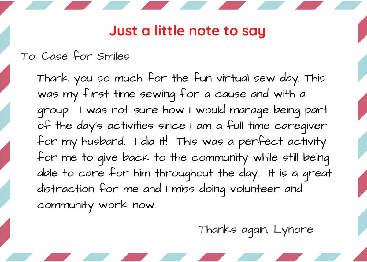 CaseForSmiles's tweet photo. Today we are expressing our appreciation for ALL volunteers. Thanks for cutting, sewing, washing, ironing, donating supplies, sorting, delivering, collecting from drop off sites and fixing our mistakes. We received this note from a dear volunteer. #sewtogive #volunteertosew https://t.co/lrI44xGaYH
