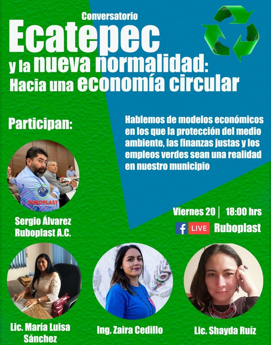 ShaydaRuiz's tweet photo. Hoy a las 6 pm, particpare con mujeres expertas Lic. María Luisa Sánchez y Ing. Zaira Cedillo, conducido por Sergio Álvarez, presidente de Ruboplast. ♻️ Podemos transformar Ecatepec. @MaraLui23602260
@ZairaCS2 @Ruboplast #economiacircular #reciclar #rehusar #reducir https://t.co/noCi41Px7b
