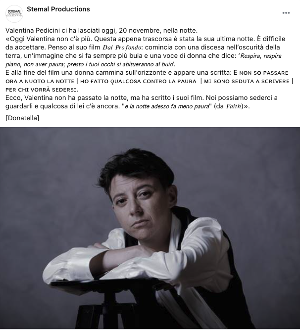 Stemal_Product's tweet image. 𝐕𝐚𝐥𝐞𝐧𝐭𝐢𝐧𝐚 𝐏𝐞𝐝𝐢𝐜𝐢𝐧𝐢 ci ha lasciati oggi, 20 novembre, nella notte. &quot;𝘌̀ 𝘥𝘪𝘧𝘧𝘪𝘤𝘪𝘭𝘦 𝘥𝘢 𝘢𝘤𝘤𝘦𝘵𝘵𝘢𝘳𝘦&quot; [...] Così la ricorda Donatella Palermo, produttrice del suo ultimo film “𝐅𝐚𝐢𝐭𝐡”.