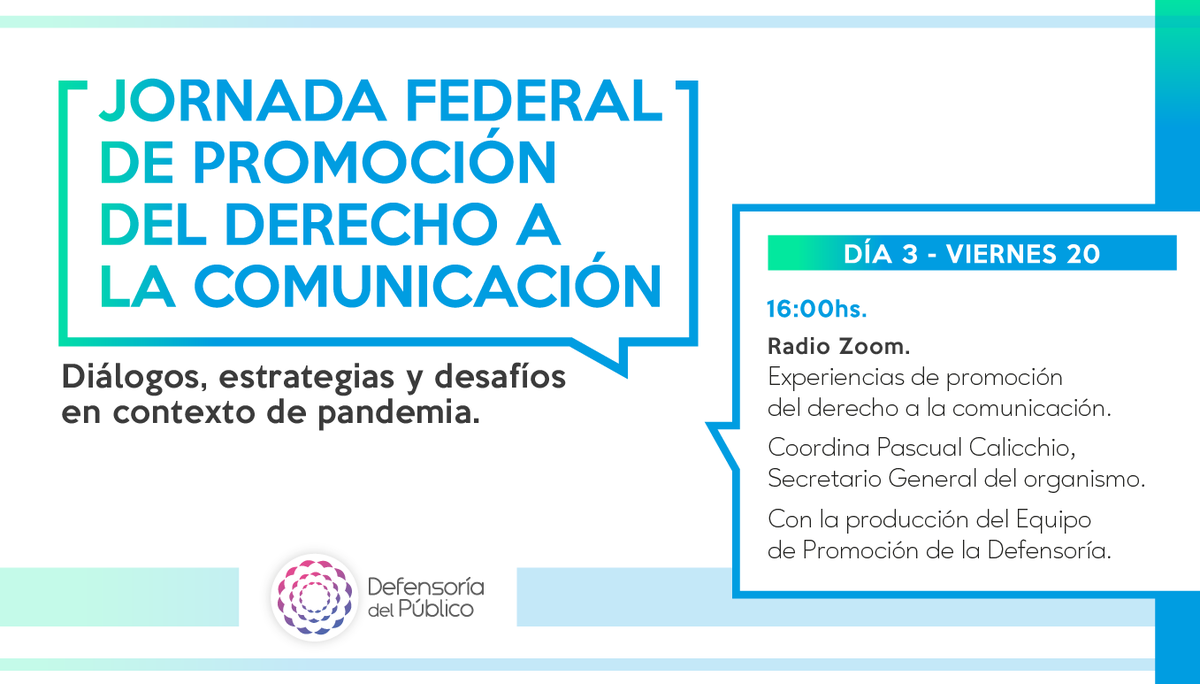 DefdelPublico's tweet photo. 📢Jornada Federal de Promoción del #DerechoALaComunicación: Día 3.
👉🏽A las 16: #RadioZoom Experiencias de promoción del derecho a la comunicación.
💻📲En vivo por https://t.co/wgiuG3Oejj https://t.co/LgVpMFay30