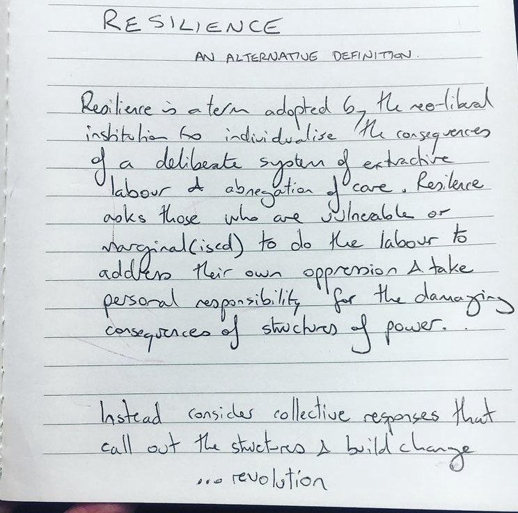 A few yrs ago at an ECR mentoring workshop, in frustration at the session’s framing, I wrote an alternative definition of resilience. Today I was reminded of it when a friend shared another awful exp of enduring senior women tell junior colleagues to contort themselves to ‘fit’..