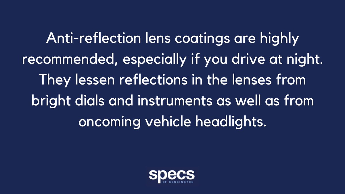 Specsofken's tweet image. Anti-reflective coatings on  your glasses are highly recommended for all aspects of your day to day lives including driving. 

When driving at night, your lenses will lessen reflections and glare from oncoming headlights making your night time driving more comfortable.