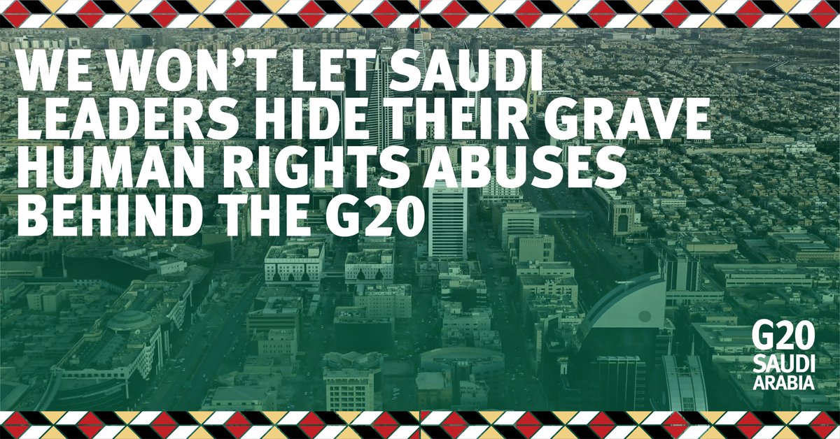  #G20   leaders must not let Saudi authorities off the hook for these abuses! It's time for Saudi Arabia to free the human rights defenders and end this era of repression  https://www.hrw.org/G20SaudiArabia&nbsp;