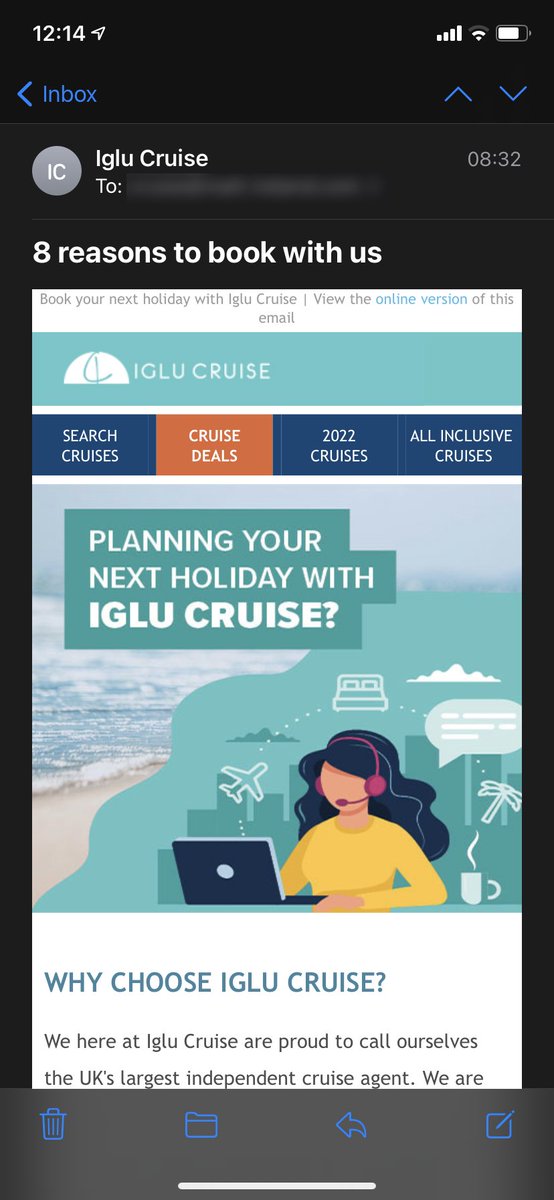 don't you just love receiving marketing emails that say '8 reason to book with us', <a href="/iglucruise/">Iglu Cruise</a> ur customer service is s**t &amp; u don't return refunds in an timely manor or advise about when - me alongs with 1000s still waiting for refunds! - sure i'll book with you not!