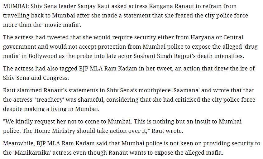 Then Sanjay Raut in Saamana declared that Kangana shouldn't come back to Mumbai. He also asked Maharashtra Home Minister to take action against her (5/n)