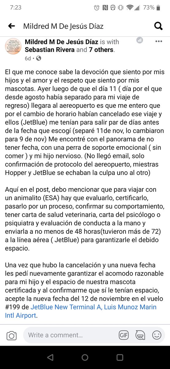 dranodulin's tweet photo. @JetBlue this passenger had a bad experience with you. She only was asking for her son companion animal. Also, I can relate with her in the fact that the flights are being changed constantly and the inconvenience it could be if your plans are not flexible. https://t.co/pvAIFRIXtp