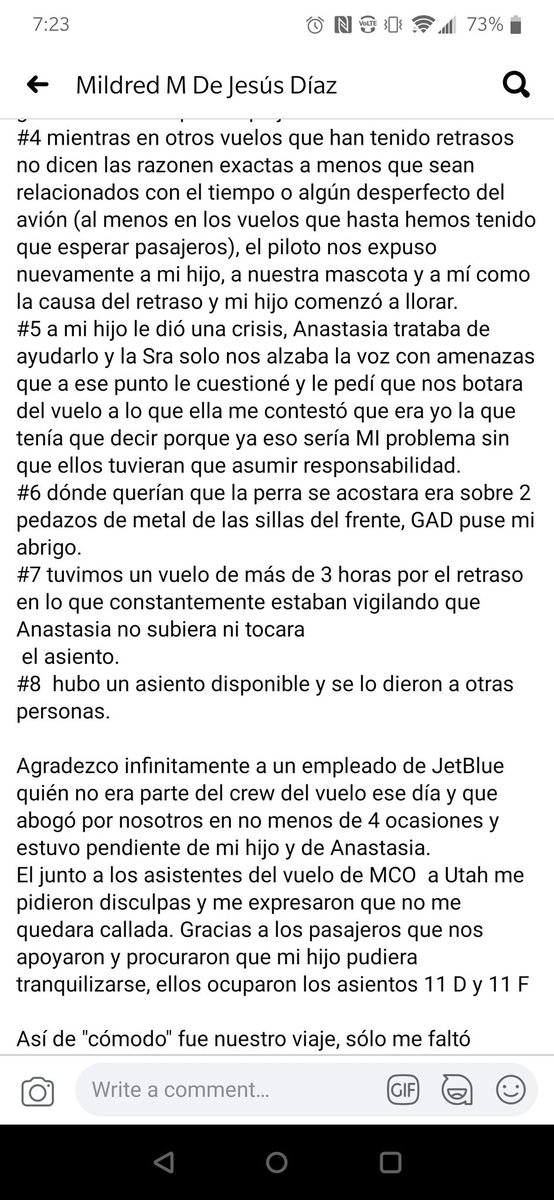 dranodulin's tweet photo. @JetBlue this passenger had a bad experience with you. She only was asking for her son companion animal. Also, I can relate with her in the fact that the flights are being changed constantly and the inconvenience it could be if your plans are not flexible. https://t.co/pvAIFRIXtp