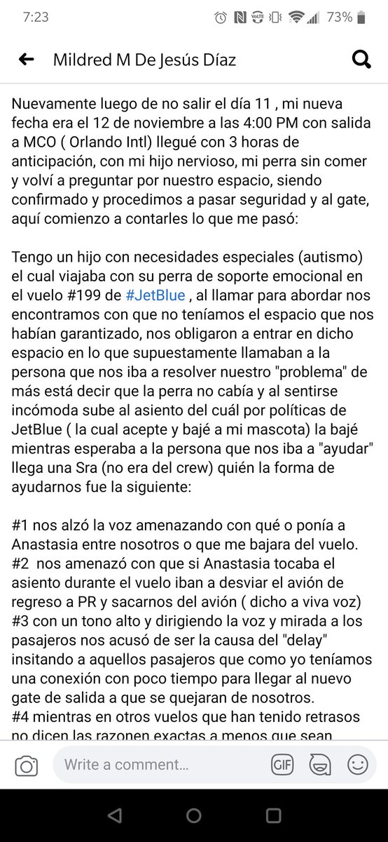 dranodulin's tweet photo. @JetBlue this passenger had a bad experience with you. She only was asking for her son companion animal. Also, I can relate with her in the fact that the flights are being changed constantly and the inconvenience it could be if your plans are not flexible. https://t.co/pvAIFRIXtp