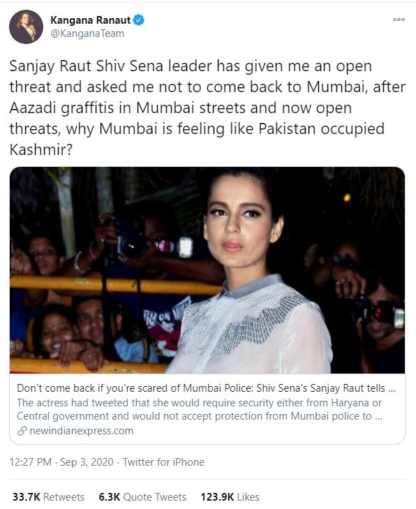 Kangana over these threats of not coming back to Mumbai made the POK tweet. She never declared, just merely asked a question (7/n)