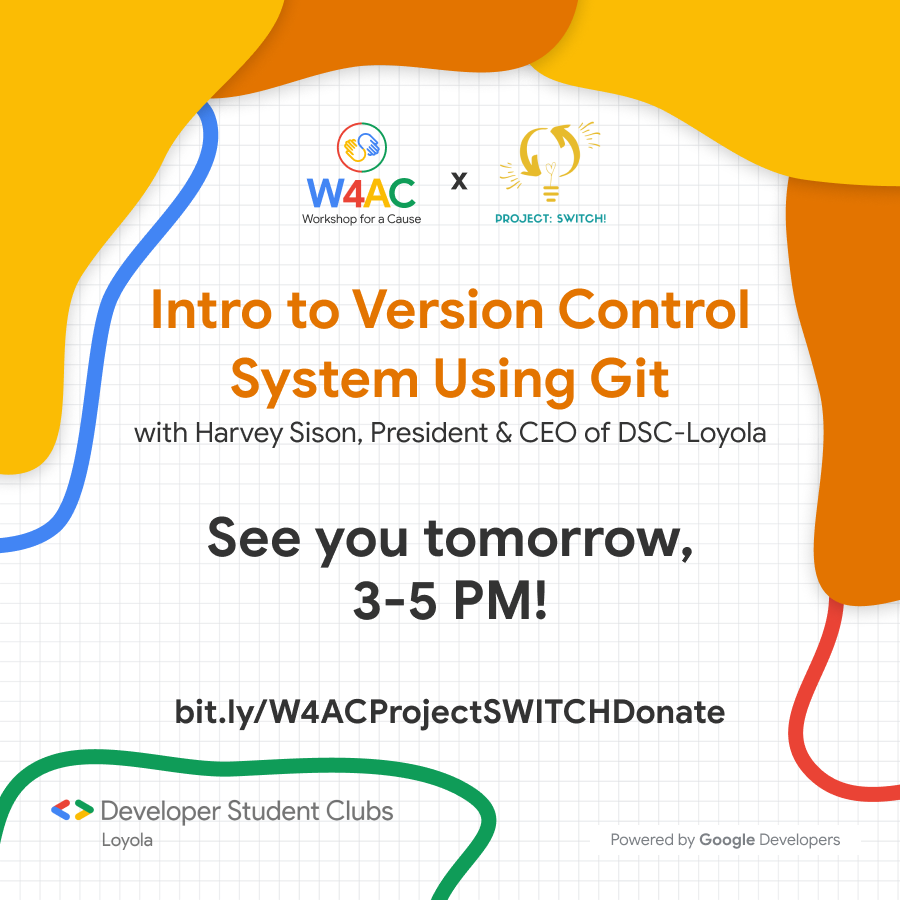 GDSCLoyola's tweet photo. DSC Loyola is officially launching its first Workshop for a Cause tomorrow at 3-5PM with Harvey Sison as the workshop's resource speaker!
You may commit your donations through this link: https://t.co/lcJ1TgXp7P
#W4AC
#SWITCHWithDSCL https://t.co/eH3kN5oGSP