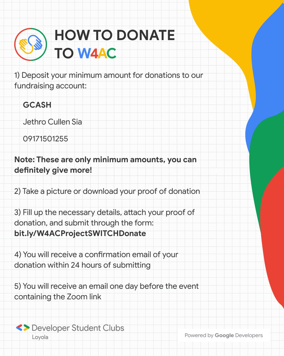 GDSCLoyola's tweet photo. DSC Loyola is officially launching its first Workshop for a Cause tomorrow at 3-5PM with Harvey Sison as the workshop's resource speaker!
You may commit your donations through this link: https://t.co/lcJ1TgXp7P
#W4AC
#SWITCHWithDSCL https://t.co/eH3kN5oGSP
