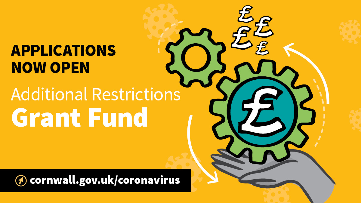CornwallCouncil's tweet photo. ❗ Applications are open for the Additional Restrictions Grant - a scheme to support businesses forced to close or severely affected during the second national lockdown. 

Find out if your business is eligible and apply here ➡️ https://t.co/h9ozGp4yEr https://t.co/0diMCtOmGL