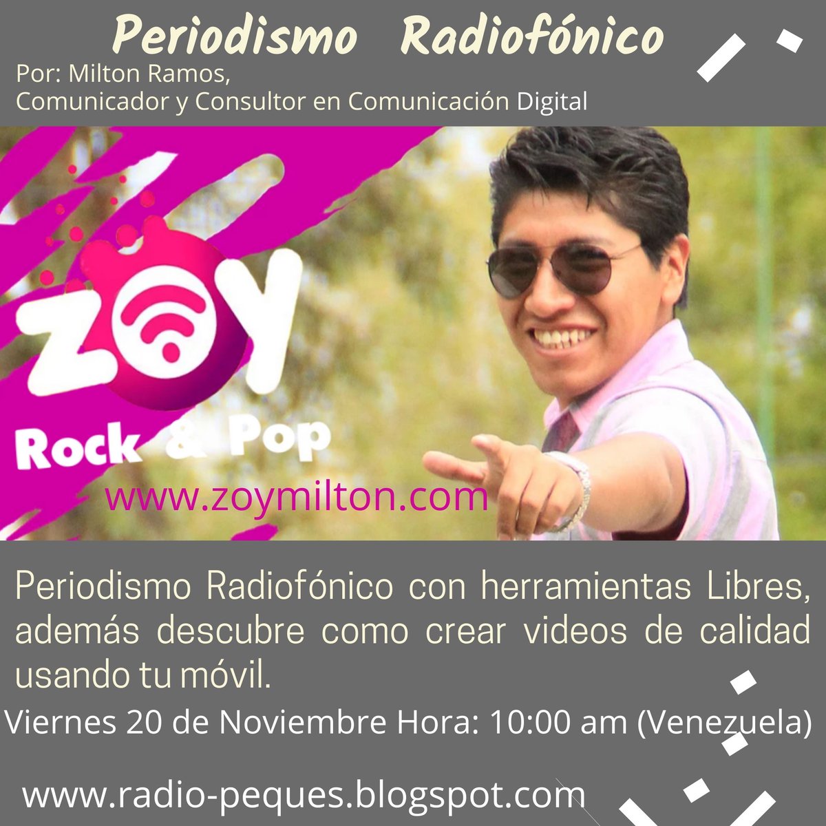 morantina3's tweet photo. #RadioPeques de aniversario te invita este viernes 20 de Noviembre hora 10:00am hora Ven, a participar a la formación en linea, Periodismo Radiofónico, enlace https://t.co/EnwKUQZ4qp  no dejes pasar la oportunidad de sacar provecho de tu móvil 
@taucetinet @lubrio @charlychaves https://t.co/YyMoIPw3J7