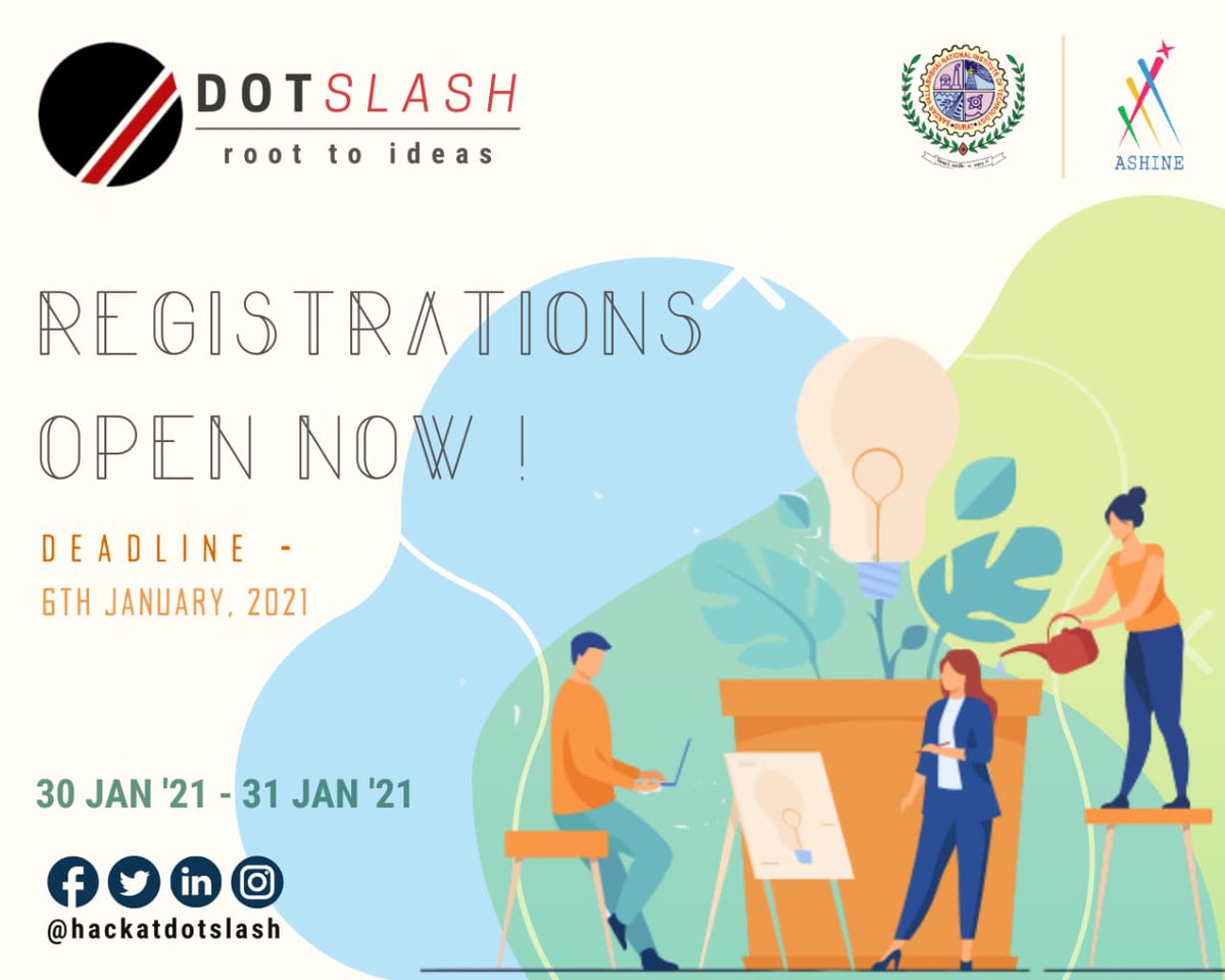 hackatdotslash's tweet photo. The wait is finally over!😄

𝙍𝙀𝙂𝙄𝙎𝙏𝙍𝘼𝙏𝙄𝙊𝙉𝙎 ARE OPEN NOW.( https://t.co/X4y1db1R57 )

𝗗𝗢𝗧𝗦𝗟𝗔𝗦𝗛: 𝗥𝗼𝗼𝘁 𝘁𝗼 𝗜𝗱𝗲𝗮𝘀 is a 30 hour long national level hackathon organised by the students of SVNIT, Surat under Research Park, SVNIT.

Date: 30-31 January 2021 https://t.co/LcmZnT3RW0