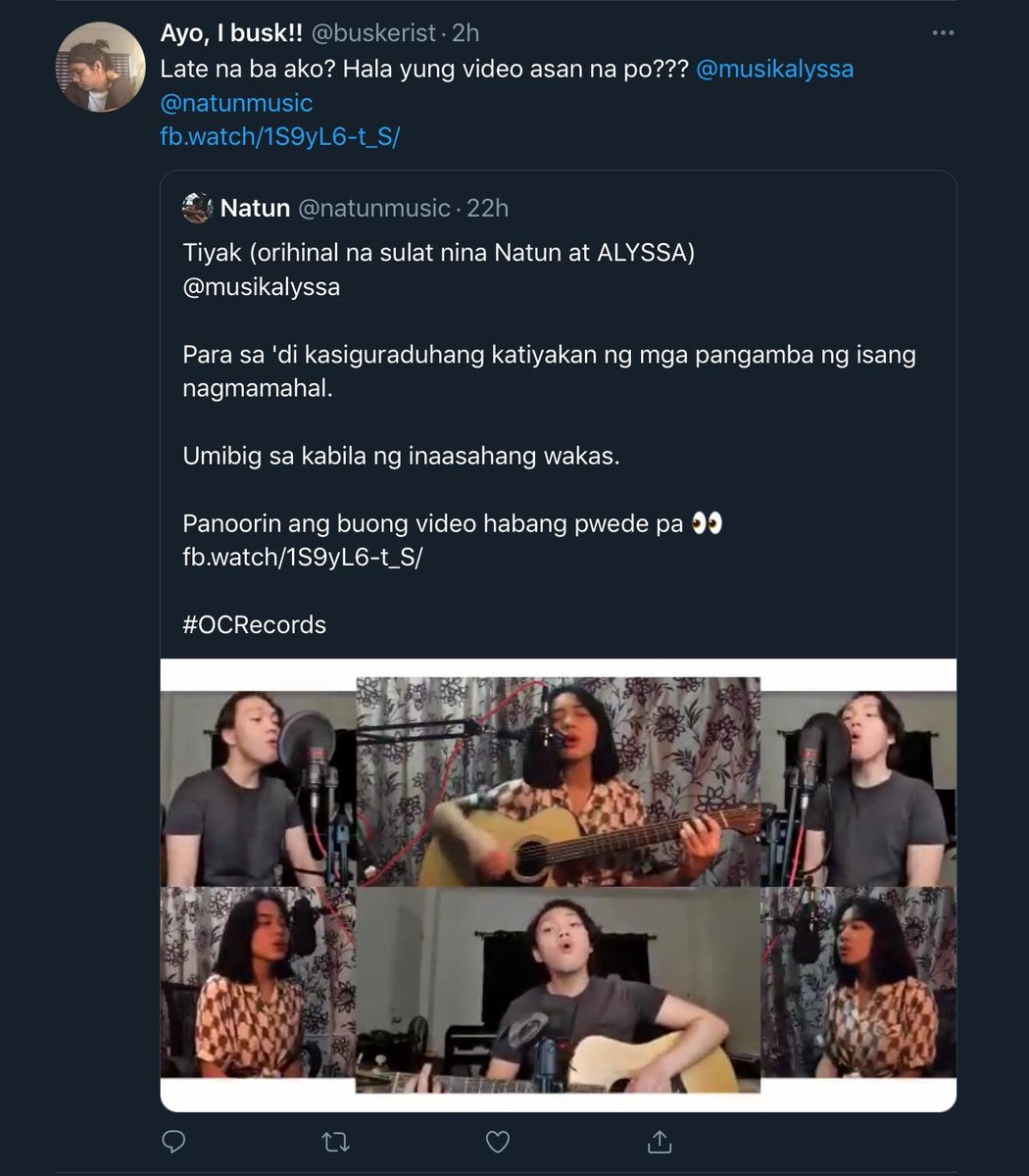 natunmusic's tweet photo. Ang lahat ng pagkawala ay may dahilan.

ALYSSA x Natun

Tiyak. 
Spotify.
2021.

Maraming salamat sa mga nakakinig pa ng video kagabi!

#OCRecords
#NormalizeBusking
#AdjustYourFrequency https://t.co/bwNOWtup0B