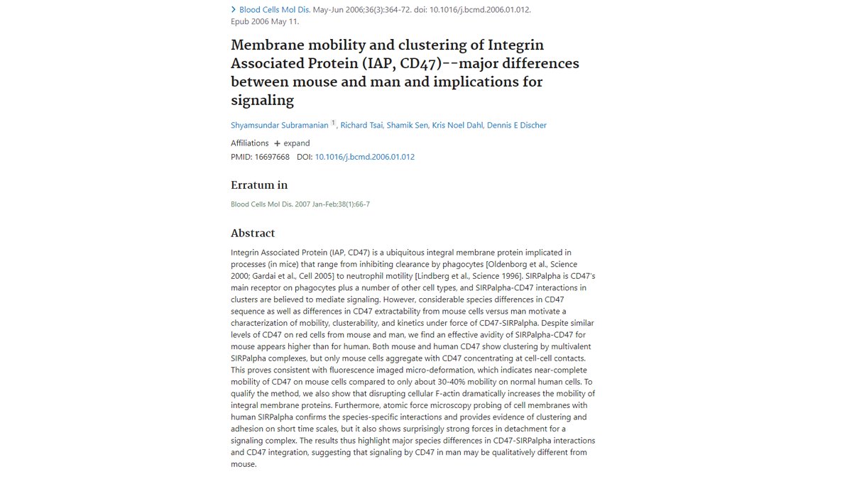 Has  $TRIL ever suggested a reason for WHY its drugs don't bind to human red blood cells?2017 paper in deck suggests: "association of  #CD47 w erythrocyte spectrin cytoskeleton, which results in reduced membrane mobility & failure to cluster CD47 effectively" $ALXO  $IMAB  $STTK
