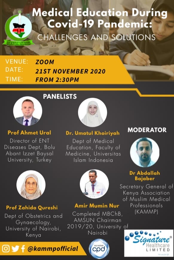 NationalMERO's tweet photo. Hi there, 

KAMMP invites you to a Zoom webinar. 

When: Nov 21, 2020 
Time: 02:30 PM Nairobi, Kenya
Topic: Medical education during Covid-19 pandemic: challenges and solutions

Register in advance for this webinar:
https://t.co/3OUbw1zh3U https://t.co/p8S33ZzKuw