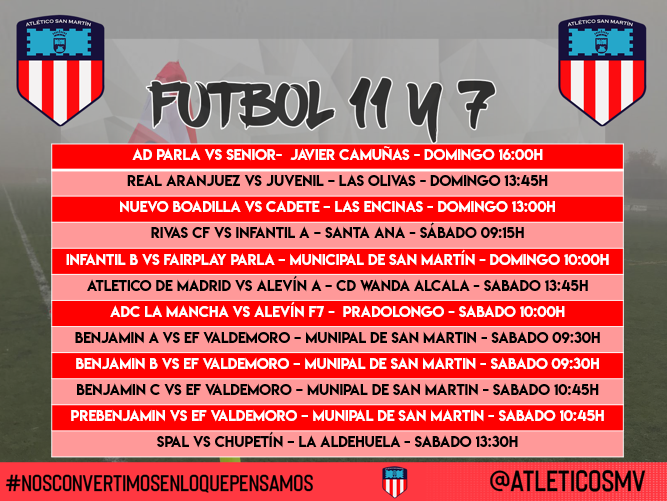 AtleticoSmv's tweet photo. Os publicamos los partidos de este fin de semana, muchos equipos todavía no han comenzado su competición liguera.

Nuestro Alevín A visitara la nueva Ciudad deportiva Wanda Alcalá, en el cual jugara contra el Atlético de Madrid.

#NosConvertimosEnLoQuePensamos https://t.co/JvFJ5gPYDr