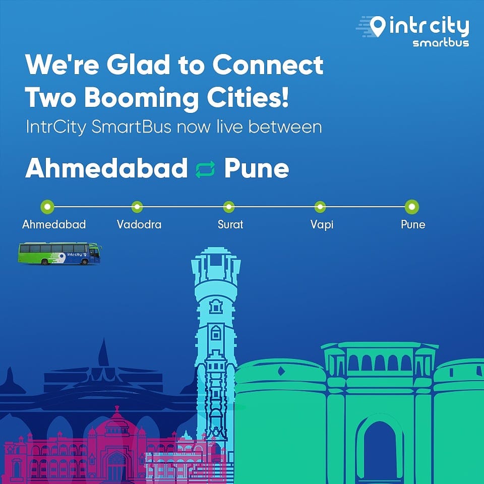 IntrCity's tweet photo. IntrCity SmartBus is NOW LIVE between Pune & Ahmedabad! Book Now & travel in a safe+ sanitized SmartBus with Private Cabins, On Board Washrooms & More!
#IntrCity #SmartBus #RailYatri #FlexiCancellation #SafetyFirst #SanitizedBus #LetsTravel #NewRoute #Pune #Ahmedabad https://t.co/JLwdrviw4H