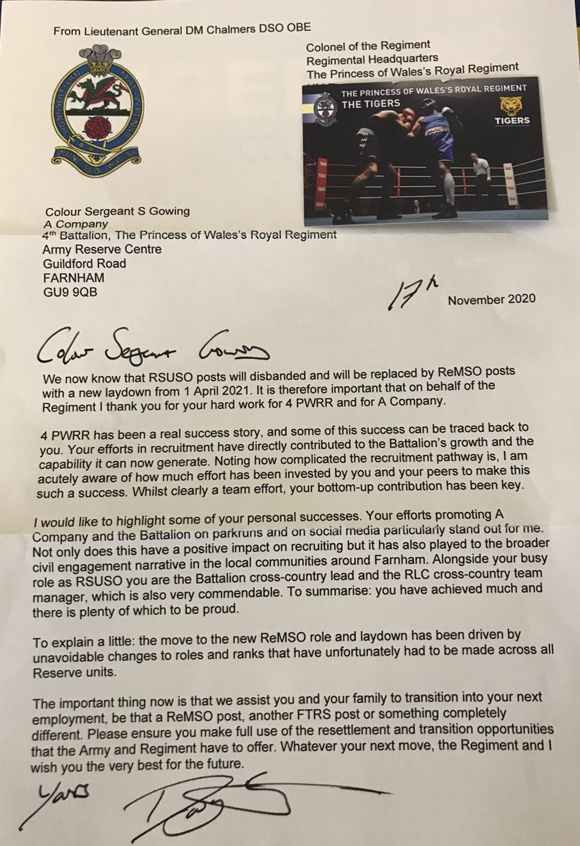 A nice personal thank you letter from Colonel <a href="/rhqpwrr/">Regt Sec, RHQ PWRR</a> this morning wishing me Good luck for the future employment - Thank you Sir. Also a big thanks to <a href="/4PWRRTigers/">4 PWRR Tigers</a> <a href="/ACoy4PWRR/">A Coy, The Farnham Tigers</a> for the opportunity-WE ARE STILL Open and RECRUITING!!