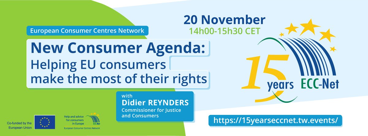 EvrSpotrCentrum's tweet photo. Připomínáme od 14.00 online event k 15 letům sítě ESC a setkání s eurokomisařem @dreynders 🥳🇪🇺 Nový spotřebitelský program, naše role #ConsumerProtection, #sustainableconsumption a víc na ➡️https://t.co/9kY4nZKRu5 #15yearsECCnet #15yearsForConsumers @ZEK_Praha @CasopisdTest https://t.co/8FmlhM9V5X