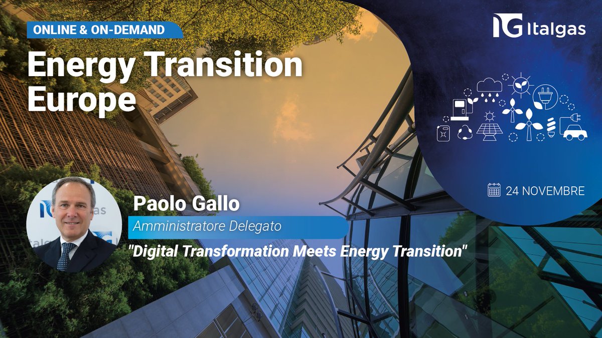 Italgas's tweet photo. Digitalizzare asset e processi per raggiungere gli obiettivi di #Decarbonizzazione! L'AD di #Italgas, #PaoloGallo, parteciperà il prossimo 24 novembre all'evento "Digital Transformation Meets Energy Transition" di @Reuters.
➡️ https://t.co/QKfeOBTxkx.
#DigItalgas #ETEU2020 https://t.co/AEE2InIPMB