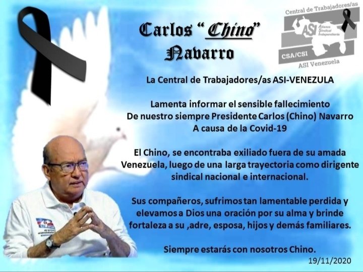 bereuban's tweet photo. Anoche falleció Carlos (Chino) Navarro, nuestro Pdte y fundador de @CentralASI
Líder sindical, maestro, amigo, hombre de valores y principios, defensor de los #DDHH
Vuela alto mentor, tu pérdida es irreparable. 
Mis más sentidas condolencias a sus familiares, amigos y compañeros. https://t.co/E4XeRqN2Xc