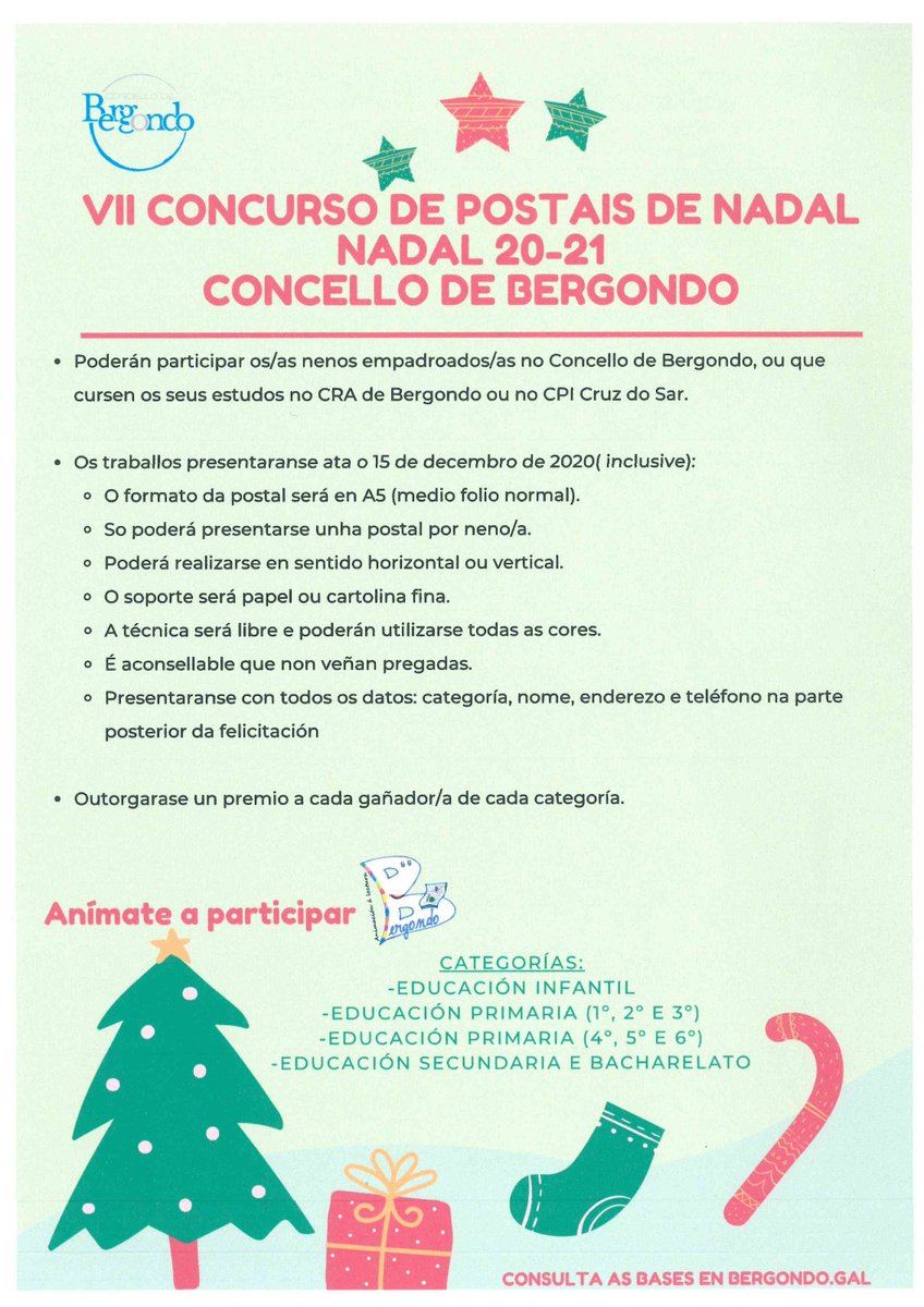 ConBergondo's tweet photo. 🎄✉ A sétima edición do Concurso de #PostaisdeNadal de #Bergondo xa está en marcha‼
👉 Os traballos poden presentarse na #CasadaCultura, na Senra ou na biblioteca municipal en horario de apertura destes centros ata o 🗓 15 de decembro (inclusive).
#ConcellodeBergondo https://t.co/iw7QMpvWBN