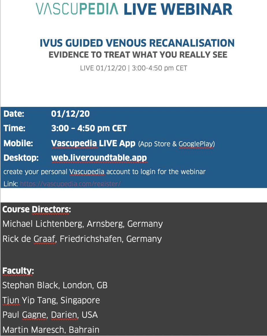 Vascupedia_com's tweet photo. LIVE WEBINAR @ #Vascupedia / @PhilipsHealth
#IVUS GUIDED VENOUS RECANALISATION 
EVIDENCE TO TREAT WHAT YOU REALLY SEE
01/12 3:00 – 4:50 pm CET
Vascupedia LIVE App / https://t.co/p4dQmhtdhB

@UkVenous @RKTvascular @ShariqShamimMD @HadyLichaaMD @dr_ashishg @CHICKVIR @AtulGupta_MD https://t.co/6PZqZDr8pn