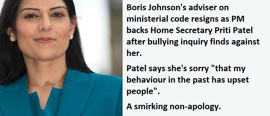 stickgalsick's tweet image. #PritiBully
How to apologise like Priti Patel:

"I'm sorry if you felt that way"
"I'm sorry I let you make me into that person"
"I'm sorry I reacted when you wound me up"
"I'm sorry that your jaw was fractured when we argued"

#patelmustgo
