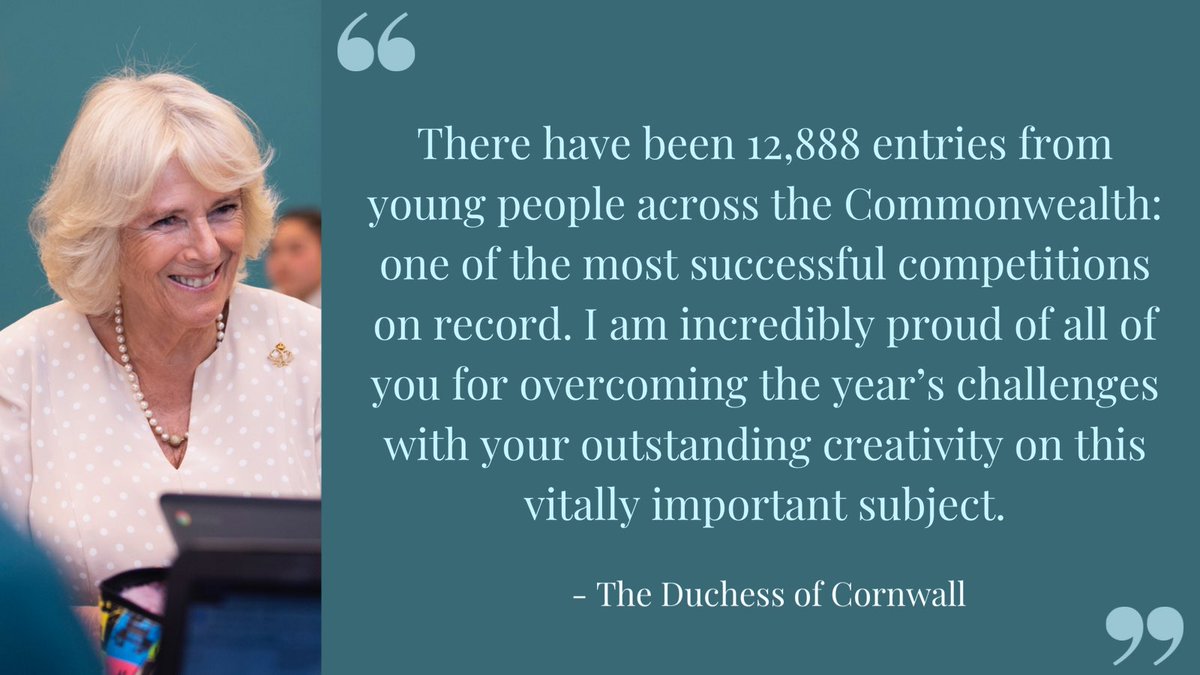 As Vice-Patron of the  @RoyalCWSociety, The Duchess of Cornwall has joined the live final of the Queen’s Commonwealth Essay Competition via video link to congratulate winners and runners up from around the Commonwealth. 