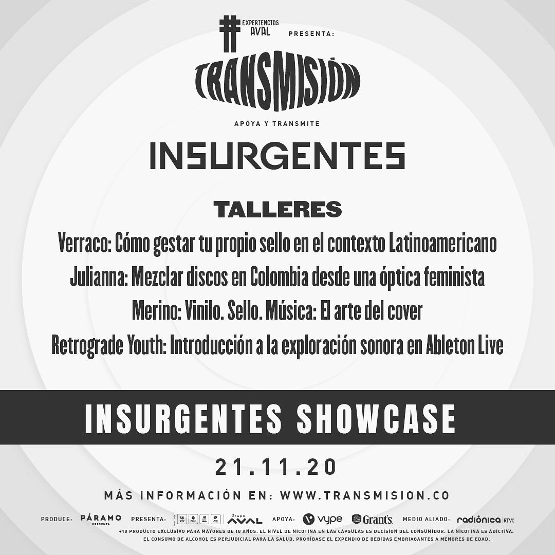 Talleres:
3pm Retrograde Youth: Introducción al Ableton Live
430pm Merino: Vinilo Sello Música: El arte del cover
6pm Verraco: Cómo gestar tu propio sello en el contexto Latinoamericano
730pm Julianna Mezclar discos en Colombia desde una óptica feminista
@Insurgentes__