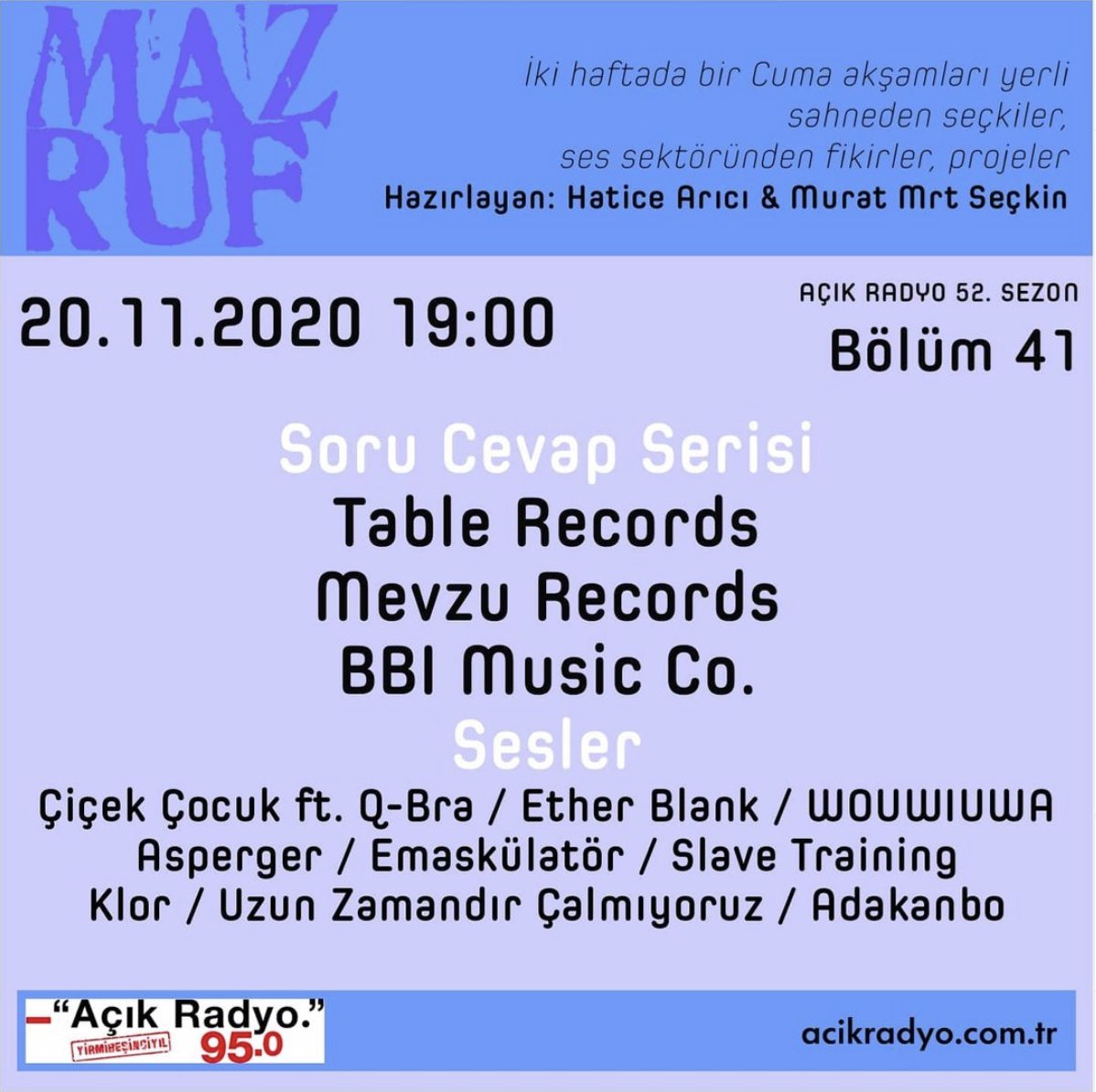 acikradyo's tweet photo. 📣Güncel sahneden sesler: Hatice Arıcı ve Murat 'mrt' Seçkin ile  #Mazruf başlıyor. 
📻Bu hafta soru cevap serisinde sorularımıza cevap gönderen #TableRecords, #MevzuRecords ve #bbimusico var.
🔴Canlı dinlemek için 
▶️ https://t.co/kZ9Q3jwD1Z https://t.co/Ld1Yg6hfyM