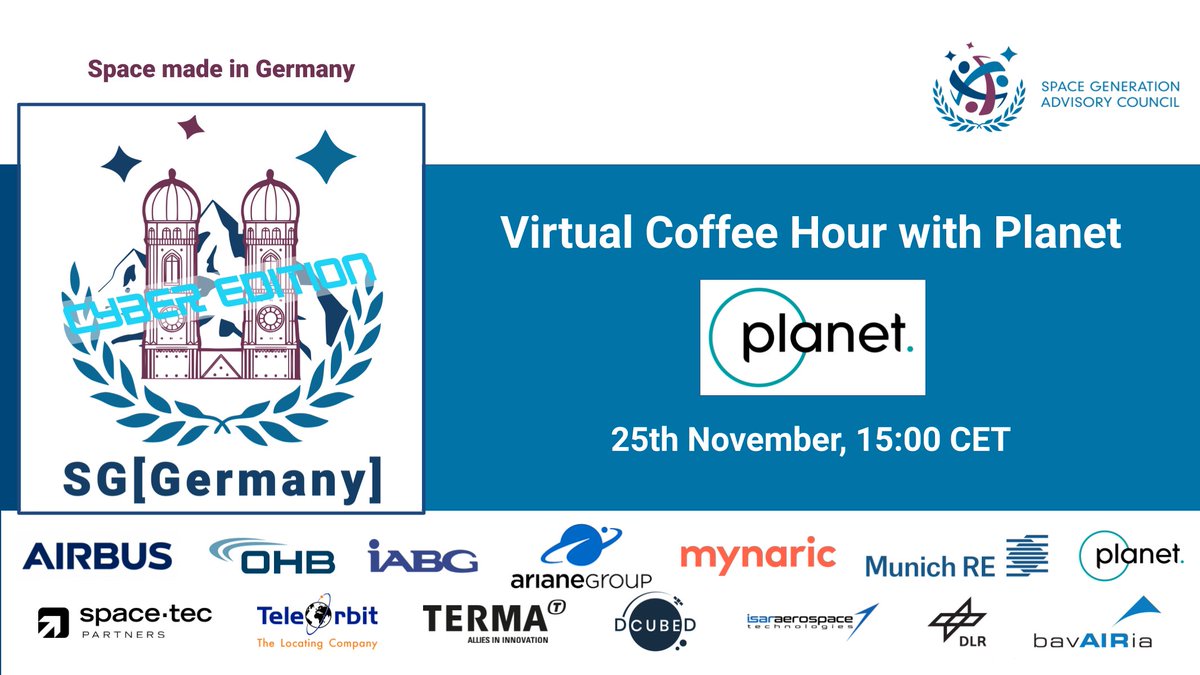 SGAC's tweet photo. Grab a cup of coffee and enjoy a casual conversation with the recruiting expert from planet during their Virtual Coffee Hour as part of the SG[Germany] Cyber Edition on 25th Nov at 3pm CET. Get your ticket here https://t.co/aCo4McTlOi https://t.co/v4mzQoSXvD