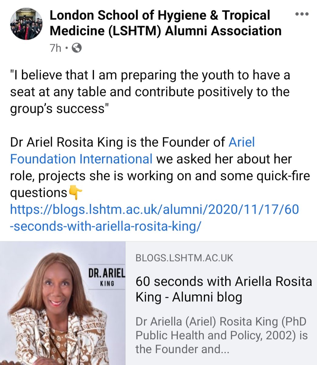 ArielFoundation's tweet photo. @AFIChangemakers Founder and President Dr. Ariella (Ariel) Rosita King, MPH MBA PhD (UK) DHTM, PhD (France) featured in London School of Hygiene &amp; Tropical Medicine Alumni Association's post.  Click here to see the post: https://t.co/3nV4GaJXCF

#leadership #AFI #changemakers https://t.co/1yLGj4kLOr