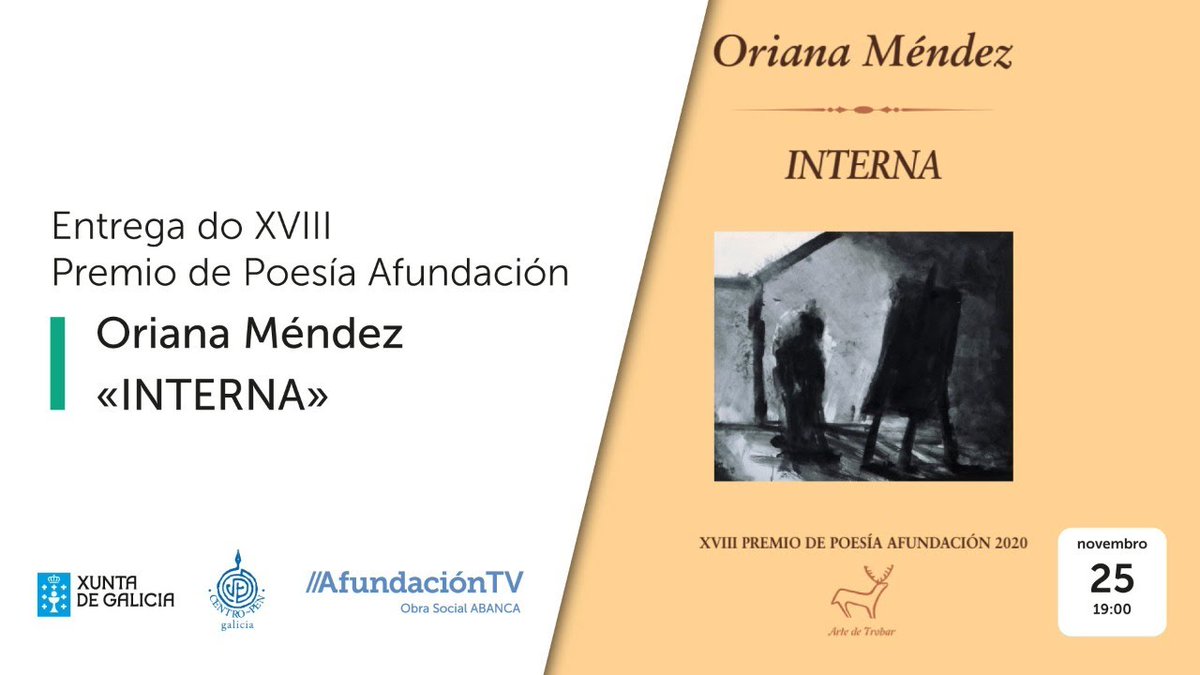 Afundacion_org's tweet photo. #ApuntaData! O 25 de novembro entregamos o XVIII #PremioDePoesía a @Oriana_Mendez_, desta volta en formato online desde #AfundaciónTV. 
Engade a cita no calendario! 
https://t.co/bZuTiYSmIr https://t.co/SefCw6L2bJ