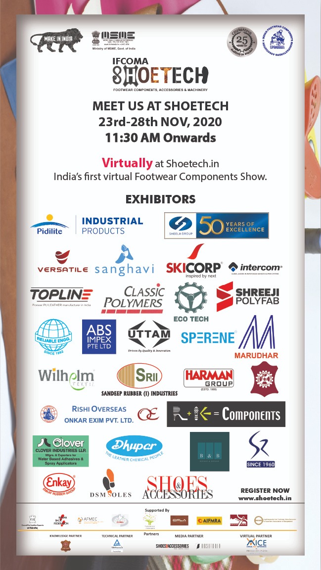 Shoetech_India's tweet photo. Meet the Industry Stalwarts under one umbrella and work with the world's leading shoe brands at SHOETECH, India's first Virtual Footwear Components Show on 23rd-2th November 2020 from 11:30 AM onwards. 

#leathershoes #manufacturers #leather #shoes #boots  #ifcoma #shoetech2020 https://t.co/ftTcz82pPZ