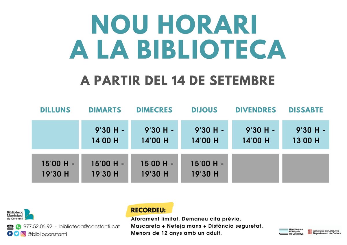 biblioconstanti's tweet photo. 📢🔴📢🔴[INFORMACIÓ] A partir de dilluns (23 de novembre), tornem a reprendre #horari i #serveis‼️

De nou podreu accedir a la Biblioteca i #triar les vostres lectures, venir a llegir el #diari o les vostres #revistes preferides, fer ús dels #ordinadors, etc.

Us esperem!!! 🤗 https://t.co/un6cWZJ1Hd
