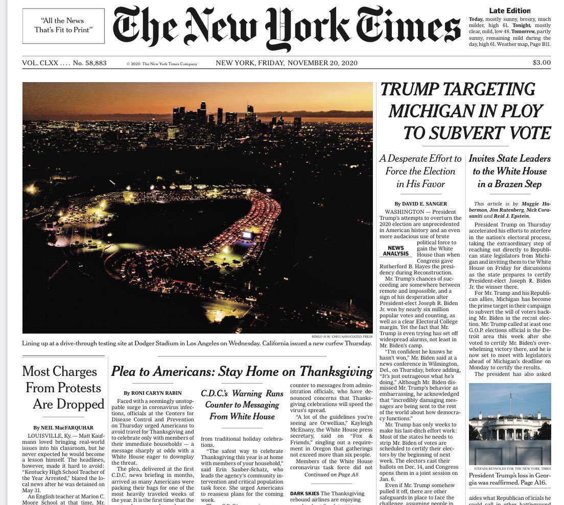 Amy_Siskind's tweet photo. NYT front page:  Trump Targeting Michigan In Plot to Subvert Vote.  

This will not work, but it does require LOUD condemnation- preferably by both parties, but if the GOP continues their sedition, by Democratic leadership. https://t.co/amCnPFNUkp