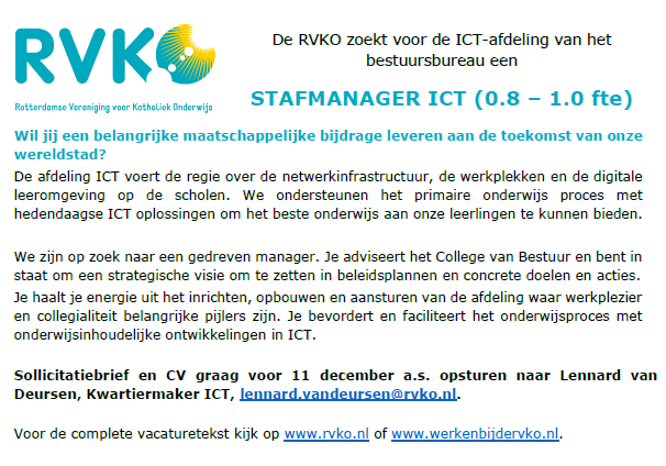 RVKO_Rotterdam's tweet photo. De RVKO zoekt voor de ICT-afdeling van het bestuursbureau een stafmanager ICT. Wil jij een belangrijke maatschappelijke bijdrage leveren aan de toekomst van onze wereldstad? Kijk dan snel op onze site: https://t.co/delICUgoPK
#onderwijs #rvko #ict #rotterdam #toekomst #manager https://t.co/0fdK6vjmOy