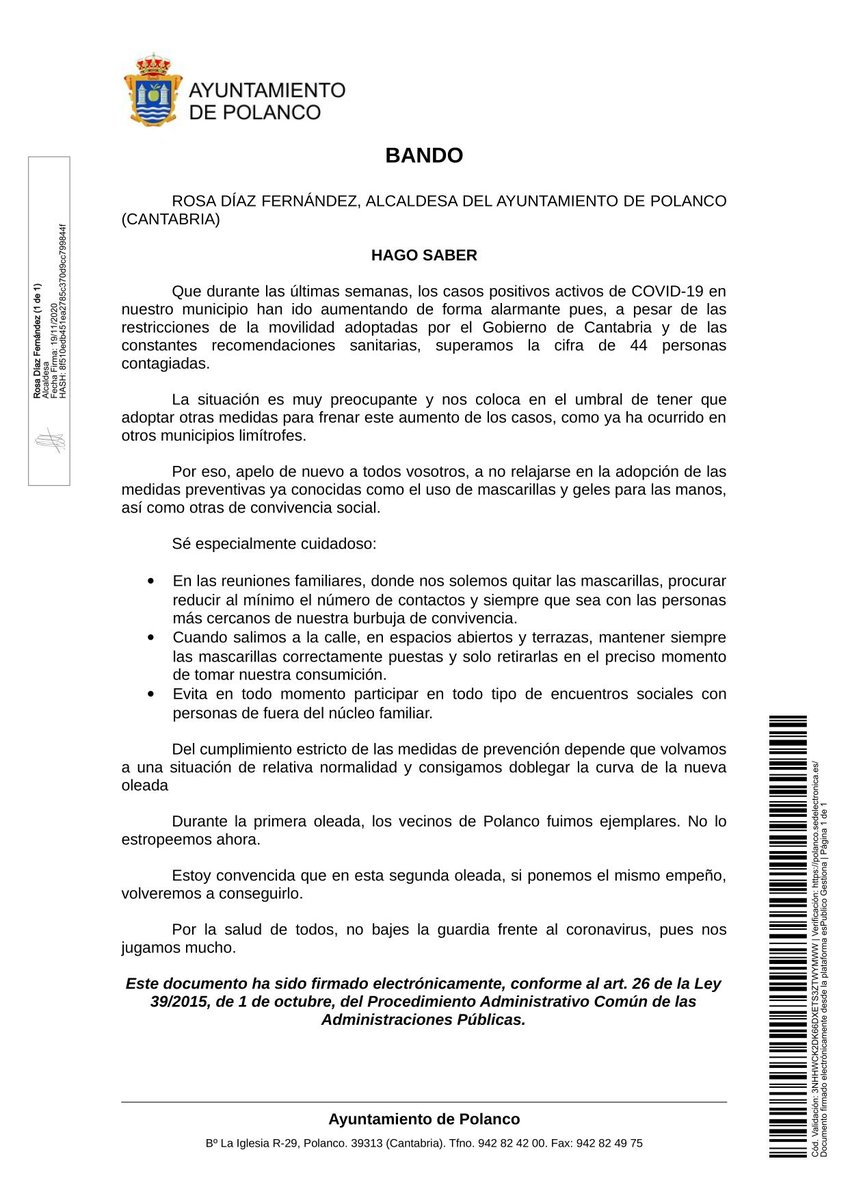 AytoPolanco's tweet photo. | Bando |
Alcaldesa @rcdiazfer73 llama a los vecinos al #cumplimiento #estricto de medidas de prevención dictadas por autoridades sanitarias frente a la covid-19, ante #aumento #alarmante número de positivos activos por coronavirus en el municipio. https://t.co/8l3bz6JlUl https://t.co/SNL2B63Cla