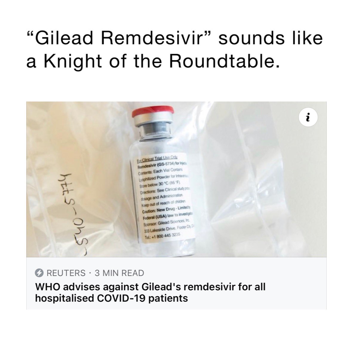 I’m sorry, I had to.

Kneel Gilead, and rise, SIR Remdesivir!

#mythologymonday #folklorethursday #fairytaletuesday