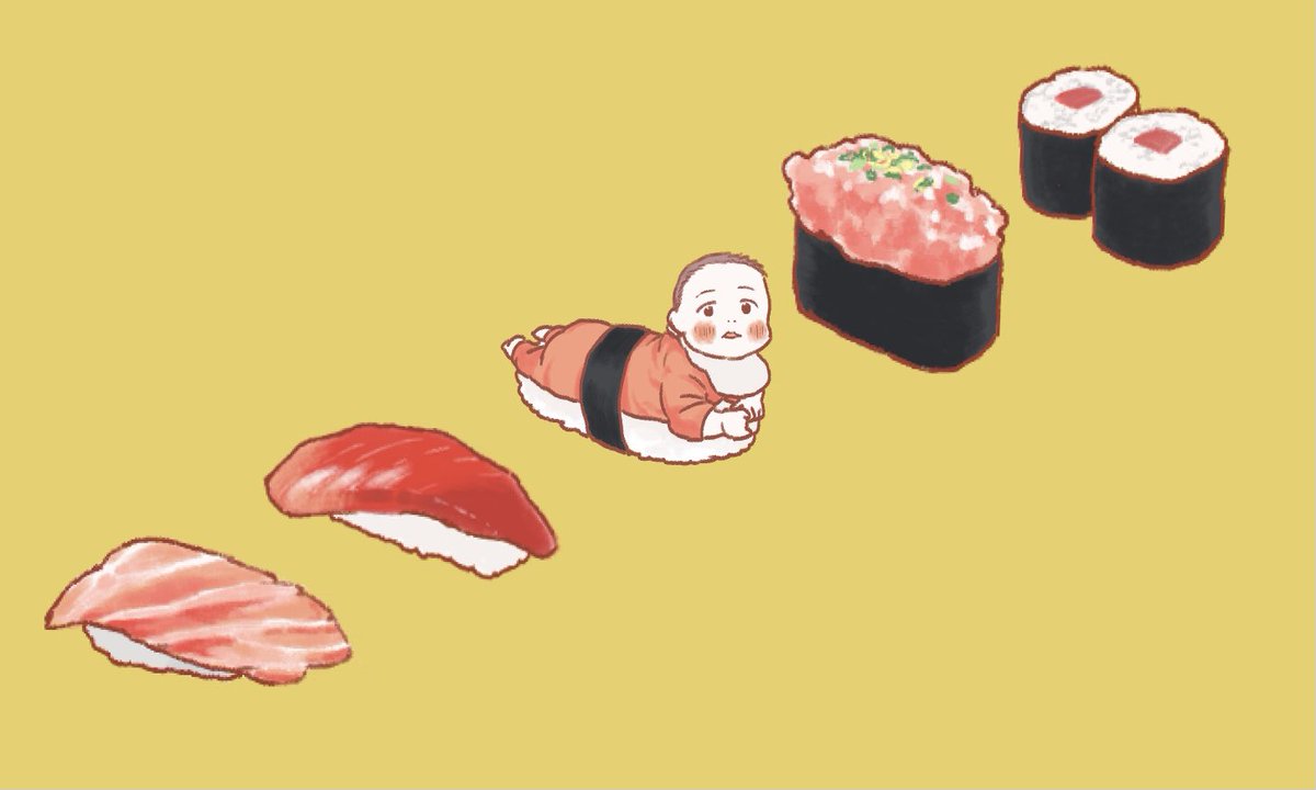 「寿司を描きました!
広がれ赤ちゃん寿司の輪〜〜〜!!!(?) 」|小日向えぴこ🍣のイラスト